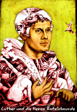 Collage Martin Luther in einem Hexenmantel und mit einer Besenfliegerin