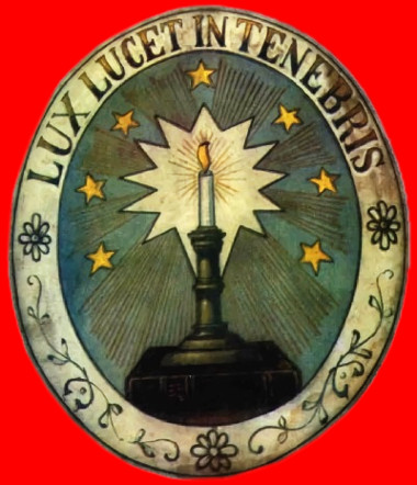 Wappen der Waldenser, eine brennende Kerze mit der Umschrift: Lux lucet in tenebris. Deutsch: Das Licht leuchtet in der Finsternis