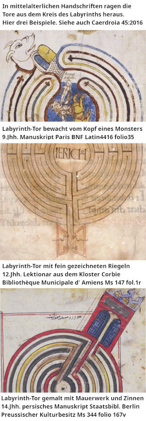 Ausschnitte aus drei mittelalterlichen Buchmalereien, jeweils die herausragenden Tore von Labyrinthen
