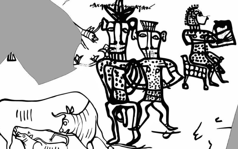 Nachzeichnung zu den Tonscherben von Kuntillet Ajrud, Pithos A, zwei Bes-Gestalten, Version beide männlich