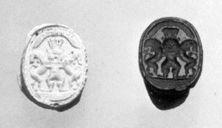 Scarab seal with Bes dominating two lions, 6th-5th century BC, MET