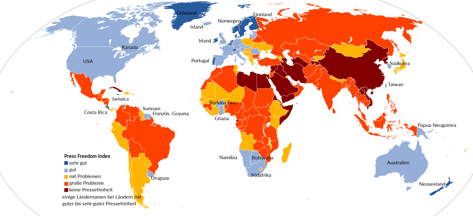 Weltkarte zur Rangliste der Pressefreiheit, Laender eingefaerbt entsprechende ihrer Stellung in der Rangliste