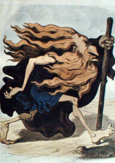 Der wandernde Ewige Jude. Farbiger Holzschnitt von S. C. Dumont 1852 nach Gustave Dore
