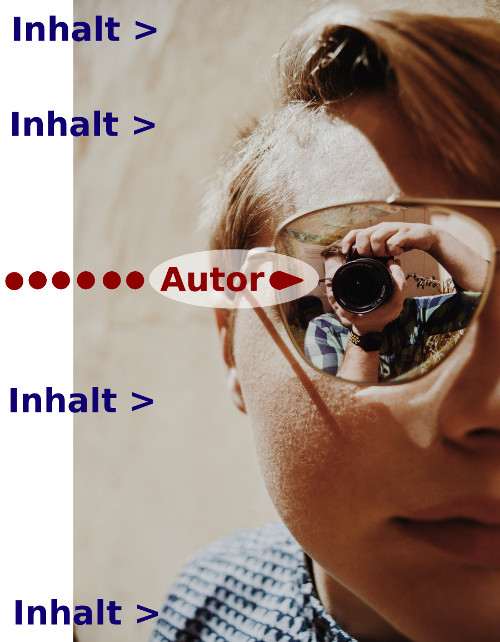 Foto eines Menschen mit verspiegelter Sonnenbrille, im Spiegel der Fotograph, mit Beschriftung: Inhalt und Autor